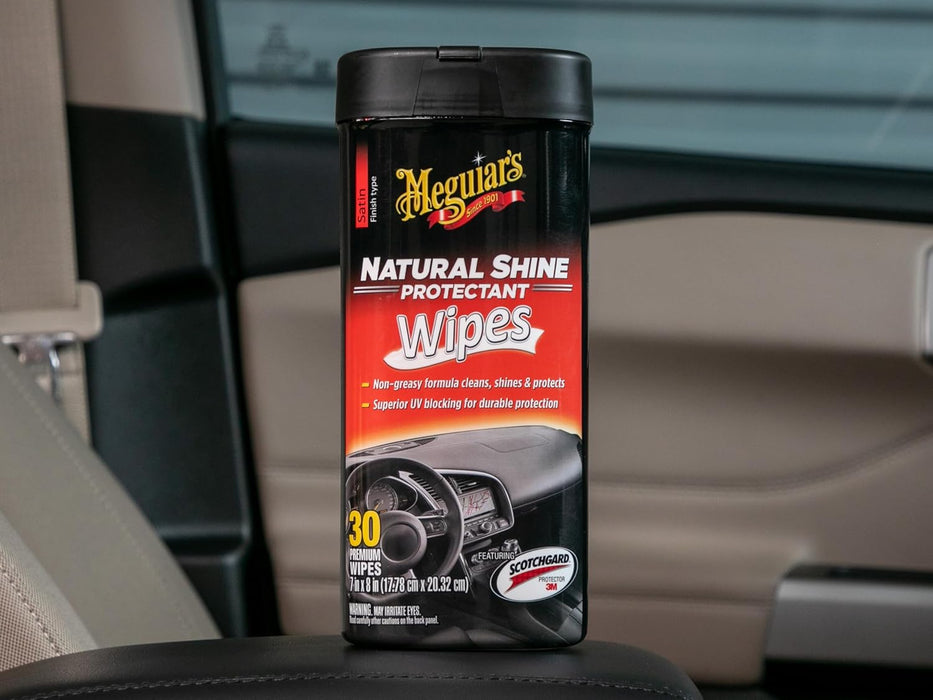 Meguiar's Natural Shine Protectant Wipes - 30 Full Size Car Care Wipes Clean and Protect Vinyl, Rubber, and Plastic Surfaces - Streak-Free Wipes with UV Protection and Leave a Satin, Non-Greasy Shine