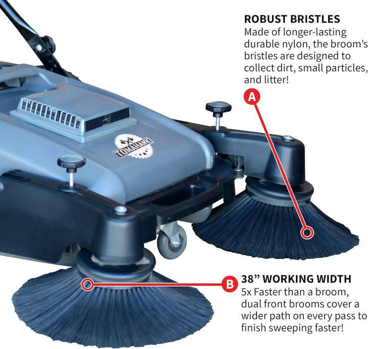 Tomahawk Industrial 38" Walk Behind Push Sweeper with Triple Power Side Brooms Floor Cleaning of Dust Litter Grass Sweeper, 38"