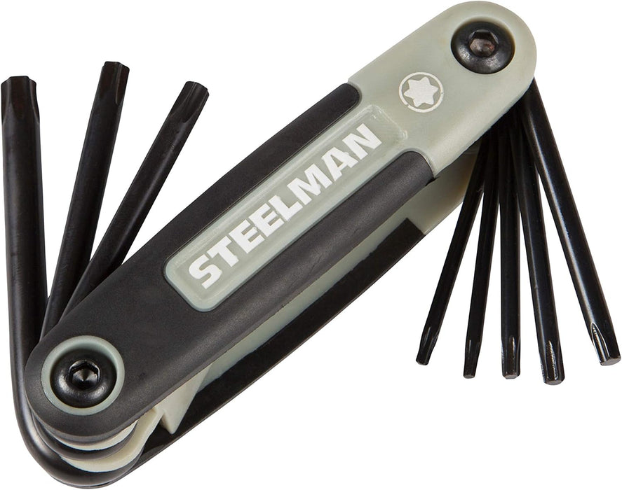 Steelman 41928 3-Piece Set Folding Hex Key Wrench Tools, SAE, Metric, and Torx Allen Wrench Sets, Chamfered Ends, Rubberized Grip