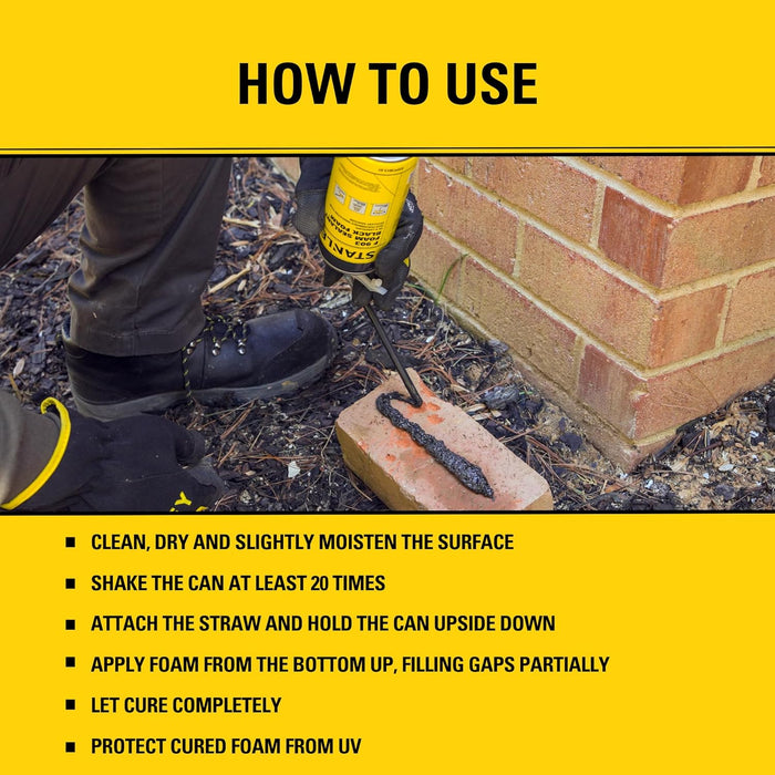 Stanley F903 Black Spray Foam Sealant, 12 oz, Waterproof Expanding Polyurethane Foam for RV, Pond, Waterfall, Landscape & Automotive Applications, UV Resistant, Gap Filler Foam (Pack of 1)