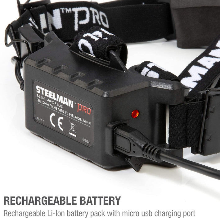 Steelman 78834 Slim Profile Rechargeable LED Motion-Activated Headlamp, 250-Lumen, 3 Brightness Settings, 20-Meter Range, Water-Resistant 250-Lumen LED Motion