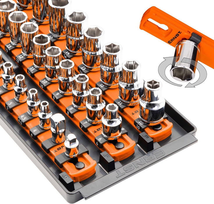 Ernst Manufacturing 8482 Socket Boss 3-Rail Multi-Drive Socket Organizer, 18-Inch Socket Rails with Twist-Lock Secure Storage, Orange - Made in USA 18-Inch Orange
