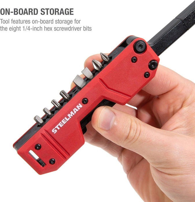 Steelman 60713 10-In-1 Multi-Tip Folding Magnetic Pocket Screwdriver with Carrying Clip and Bottle Opener, Includes 3/16" and 1/4" Slotted, PH1, PH2, T15, T20, S1 and S2 Bits