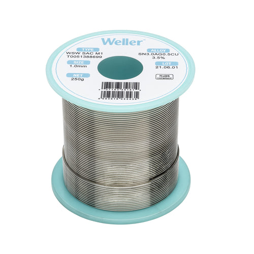 Weller T0051402499 WSW SAC M1 Lead Free Solder Wire, Dia: 1.0 mm / 0.039 in, Wt: 100 g / 3.527 oz, Alloy Sn96.5Ag3.0Cu0.5, Flux content 3.5% Halide Flux
