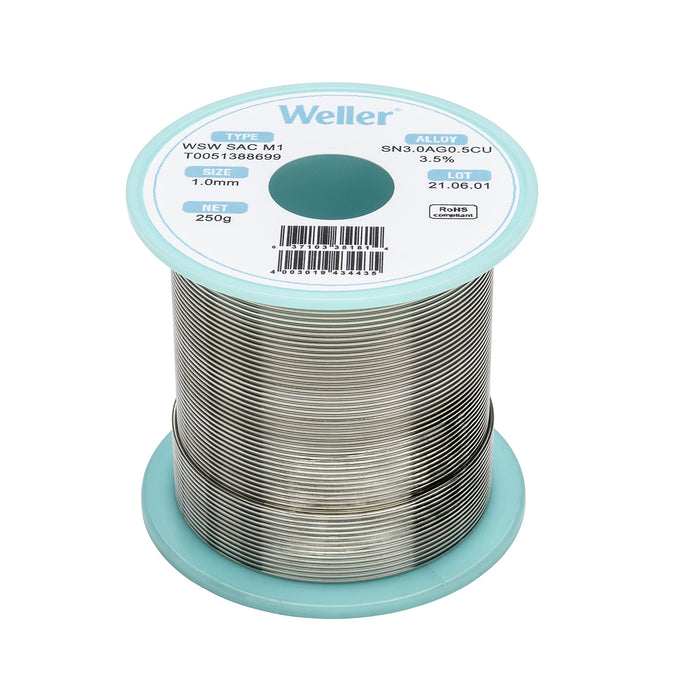 Weller T0051402499 WSW SAC M1 Lead Free Solder Wire, Dia: 1.0 mm / 0.039 in, Wt: 100 g / 3.527 oz, Alloy Sn96.5Ag3.0Cu0.5, Flux content 3.5% Halide Flux