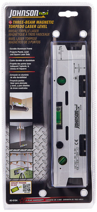 Johnson 40-6184 Magnetic Torpedo Laser Level, Silver & Black