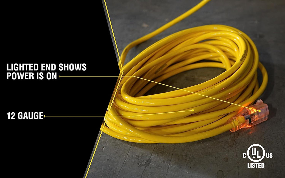 Yellow Jacket 64824801 Heavy Duty Extension Cord, 25Ft, 12 Gauge, 3 Conductor, Lighted End, Weather Resistant, SJTW, Yellow
