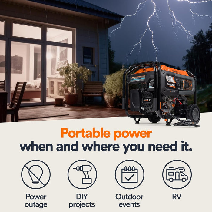 Generac 8011 GP7500E 7,500-Watt Dual-Fuel Compatible Portable Generator, Gas and Propane, COsense Technology with Electric Start, Powerrush Advanced Technology