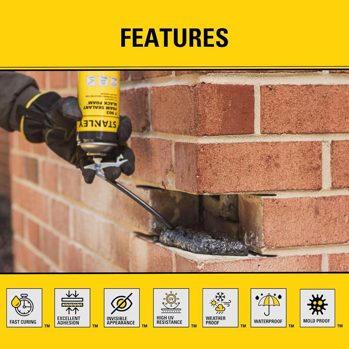 Stanley F903 Black Spray Foam Sealant, 12 oz, Waterproof Expanding Polyurethane Foam for RV, Pond, Waterfall, Landscape & Automotive Applications, UV Resistant, Gap Filler Foam (Pack of 1)