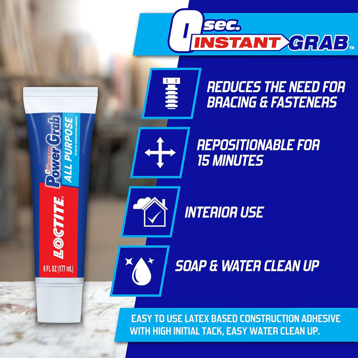 Loctite Power Grab Express All Purpose Construction Adhesive, 3 fl oz Squeeze Tube - Versatile Construction Glue for Cement, Tile, Wall & More (Pack of 6)