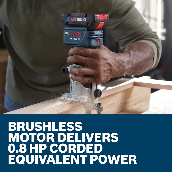 BOSCH GLF18V-25N 18V Laminate Trim Router - Powerful Brushless Motor, 10,000-30,000 RPM, Lightweight, Ergonomic, Enhanced Dust Extraction, Quick Depth Adjustments for Precise Trimming