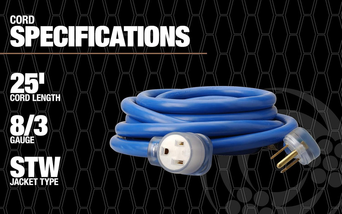 Southwire Extra Heavy Duty Extension Cord, 25Ft, 8 Gauge, 40 AMP, 250 Volt, Welding Cord, STW, Blue, 19178806