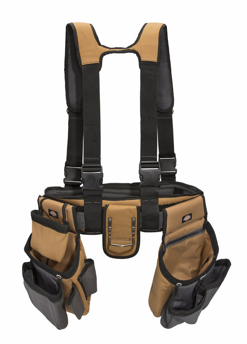 Dickies 57023 4-Piece Carpenter's Rig, Padded Tool Belt Suspenders, Cooling Mesh, Leather Tool Belt, Steel Buckle, Grey/Tan, 3.8 lb.