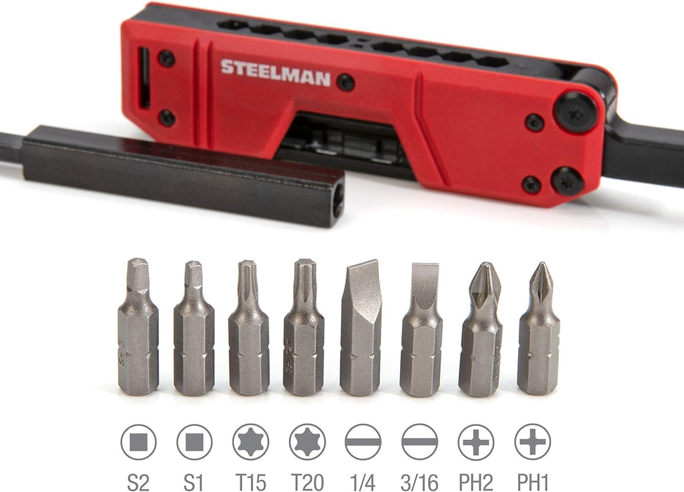 Steelman 60713 10-In-1 Multi-Tip Folding Magnetic Pocket Screwdriver with Carrying Clip and Bottle Opener, Includes 3/16" and 1/4" Slotted, PH1, PH2, T15, T20, S1 and S2 Bits