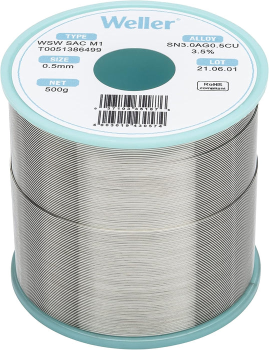 Weller T0051388299 Solder Wire, No Clean, Lead Free, 0.020 in"/0.5mm Diameter, Sn96.5Ag3Cu0.5, 3.5% Flux Content