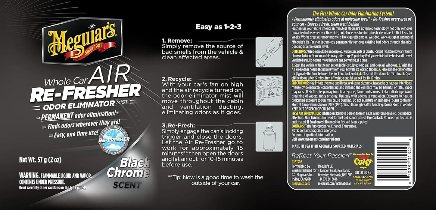 Meguiar's Whole Car Air Refresher, Car Odor Eliminator Spray Permanently Eliminates Unwanted Vehicle Odors Throughout Your Interior, Black Chrome Scent, 2 Oz Aerosol Canister