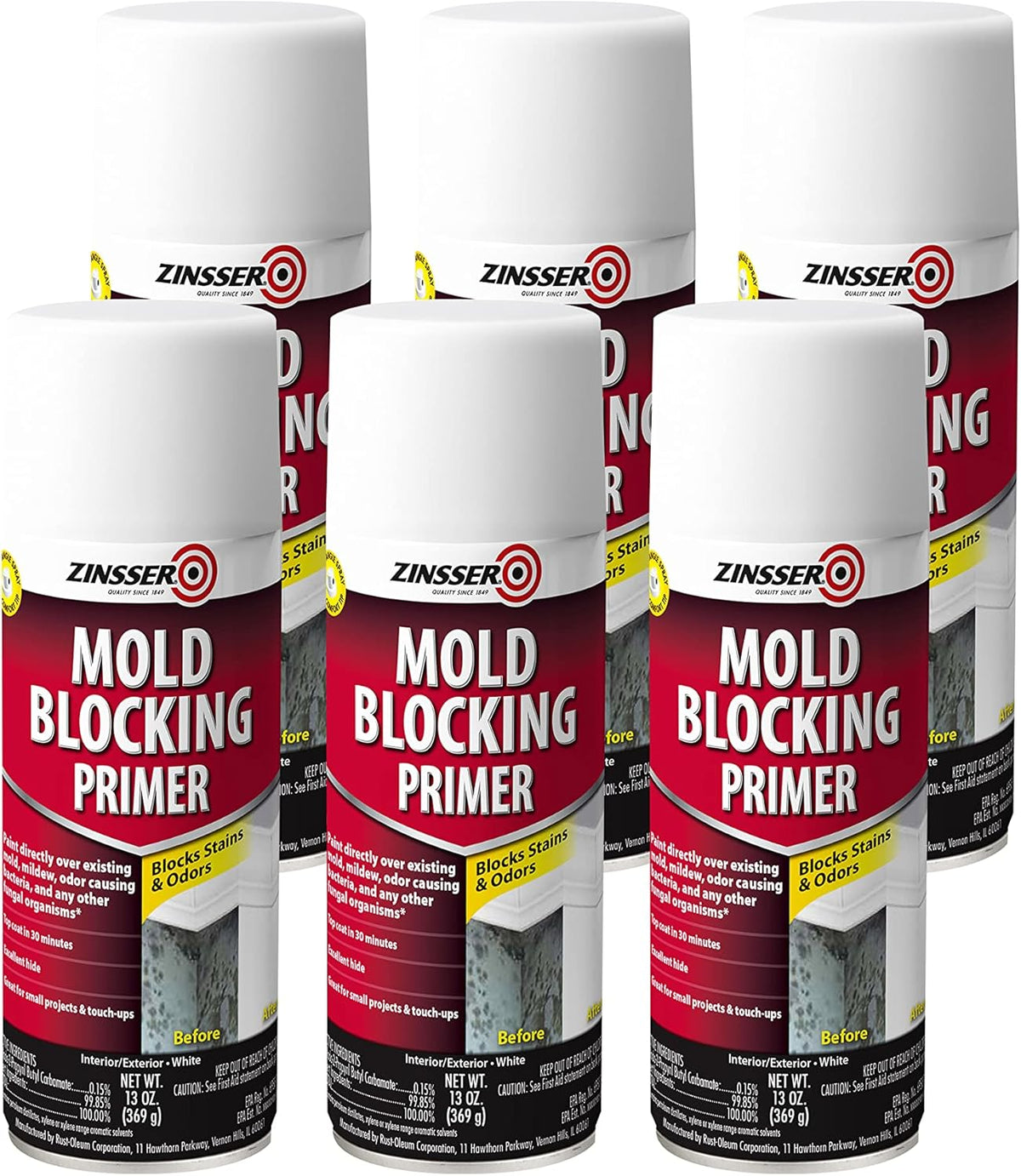 Rust-Oleum Zinsser 6PK Mold Blocking Spray Primer, White, 13.00 Fl Oz ...