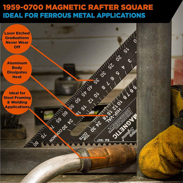Johnson 1959-0700 Magnetic Johnny Square Professional Easy-Read Aluminum Rafter Square, 7", Black