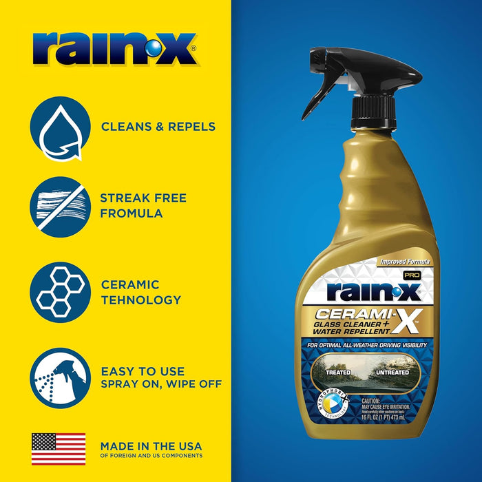 Rain-X 630178 Cerami-X Glass Cleaner + Water Repellent, Cleaning Effectively While Remaining Streak Free, Protecting Against Contaminants and Stains 16 Fl Oz (Pack of 1)