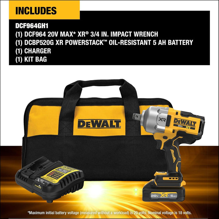 DEWALT DCF964GH1 20V MAX XR Brushless Cordless 3/4 in. High Torque Impact Wrench With Hog Ring Anvil Kit with XR POWERSTACK
