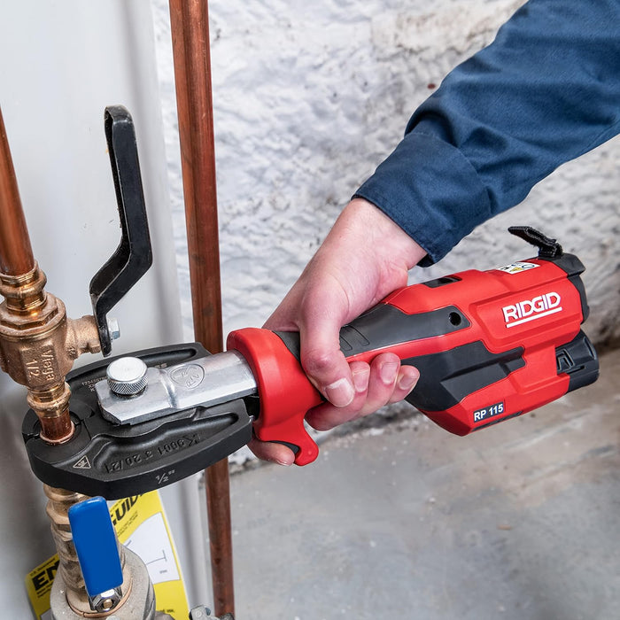 RIDGID (RP115) 72553 Mini Press Tool and Battery Kit with 1/2" to 3/4" ProPress Press Tool Jaws, 2V Li/Ion Battery, 12V Charger, and Carrying Case