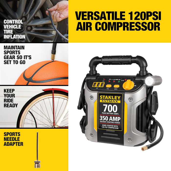 Stanley FATMAX J7CS Portable Power Station Jump Starter 700 Peak Amp Battery Booster, 120 PSI Air Compressor, 3.1A USB Ports, Battery Clamps