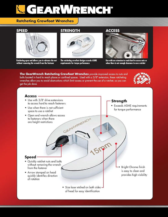 GEARWRENCH (89119) 10 Pc. Ratcheting Crowfoot Wrench Set, Metric