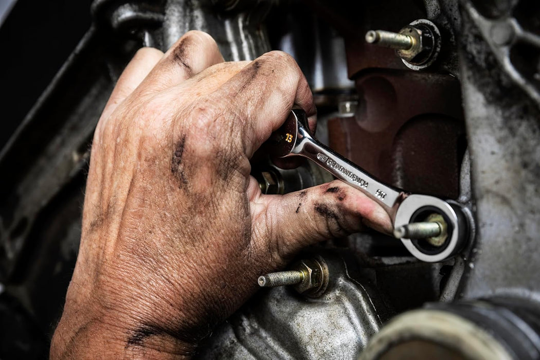 GEARWRENCH 86859 14 Piece 90-Tooth 12 Point Stubby Combination Ratcheting Wrench Set, SAE & Metric, 3/8" to 3/4" & 10mm to 18mm