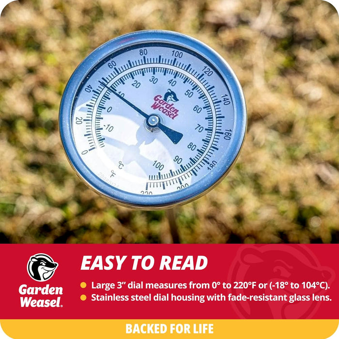 Garden Weasel Analog Soil & Composting Dial Thermometer - 36-Inch Probe | Measures 0 to 220 Degrees Fahrenheit | Soil Temperature, Worm Compost