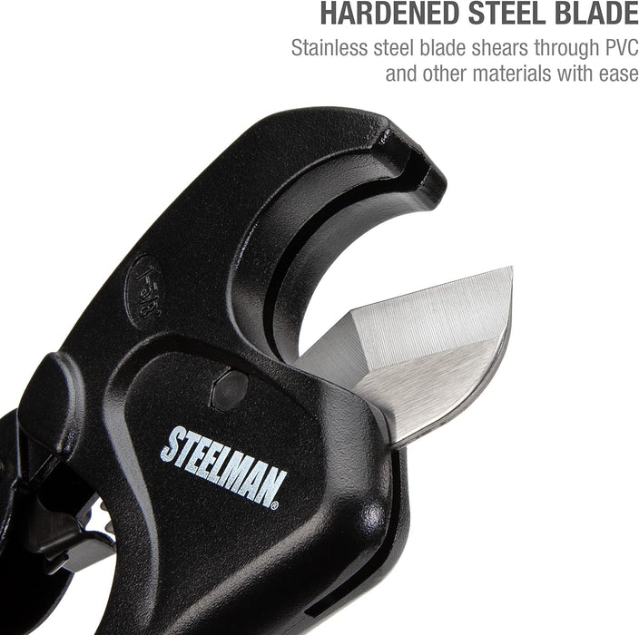 Steelman 42566 PVC Pipe Cutter Tool, Cuts 1-5/8-inch Plastic Tube, Ratcheting, Stainless Steel Blade