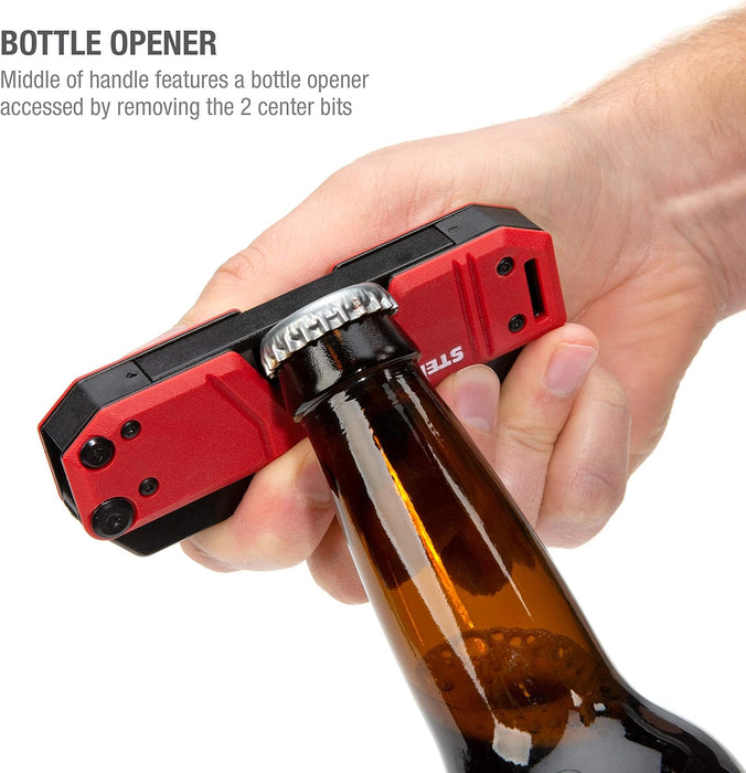 Steelman 60713 10-In-1 Multi-Tip Folding Magnetic Pocket Screwdriver with Carrying Clip and Bottle Opener, Includes 3/16" and 1/4" Slotted, PH1, PH2, T15, T20, S1 and S2 Bits