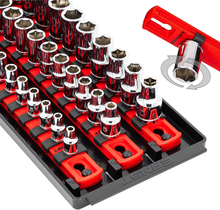 Ernst Manufacturing 8490 Socket Boss: 3-Rail Socket Organizer Tool Tray with 40 Clips (1/4", 3/8", 1/2") - Red, 13-Inch Rails for Toolbox Storage - Made in USA