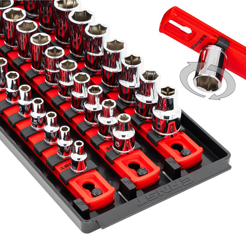 Ernst Manufacturing 18-Inch Socket Boss - Premium 3-Rail Multi-Drive (1/4", 3/8", 1/2") Socket Organizers w Twist Lock Clips, Socket Set Holder for 57 Tools - SAE & Metric - Red (8450) - Made in USA