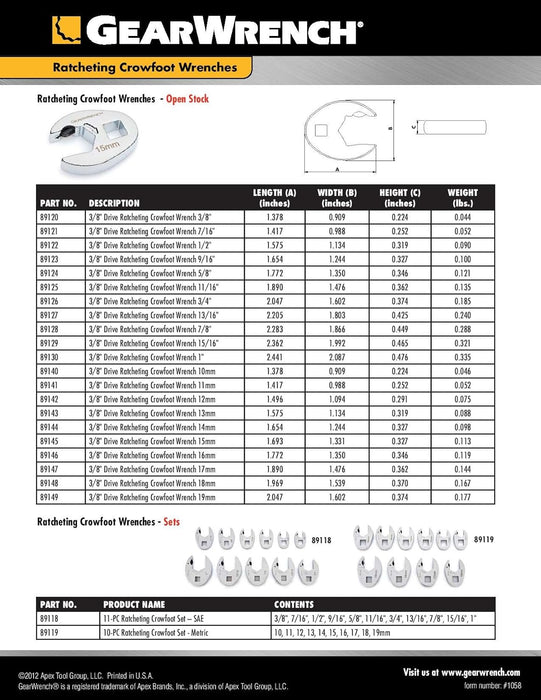 GEARWRENCH (89119) 10 Pc. Ratcheting Crowfoot Wrench Set, Metric