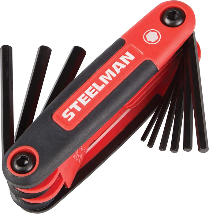 Steelman 41928 3-Piece Set Folding Hex Key Wrench Tools, SAE, Metric, and Torx Allen Wrench Sets, Chamfered Ends, Rubberized Grip