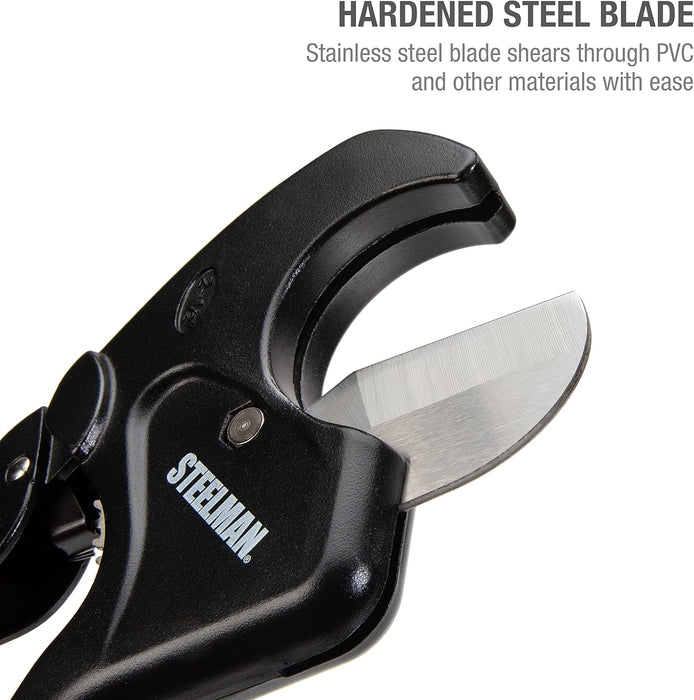 Steelman 42565 PVC Pipe Cutter Tool, Cuts 2.5-inch Plastic Tube, Ratcheting, Stainless Steel Blade