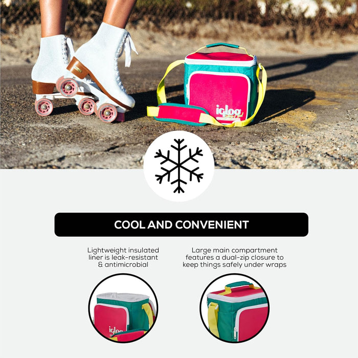 Igloo 000654790 Retro 90s Lunch Coolers, Insulated Lunch Bag, Square Lunch Box Cooler with Front Pocket & Adjustable Strap Neon