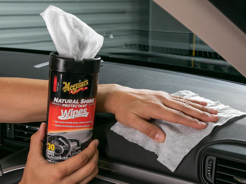 Meguiar's Natural Shine Protectant Wipes - 30 Full Size Car Care Wipes Clean and Protect Vinyl, Rubber, and Plastic Surfaces - Streak-Free Wipes with UV Protection and Leave a Satin, Non-Greasy Shine