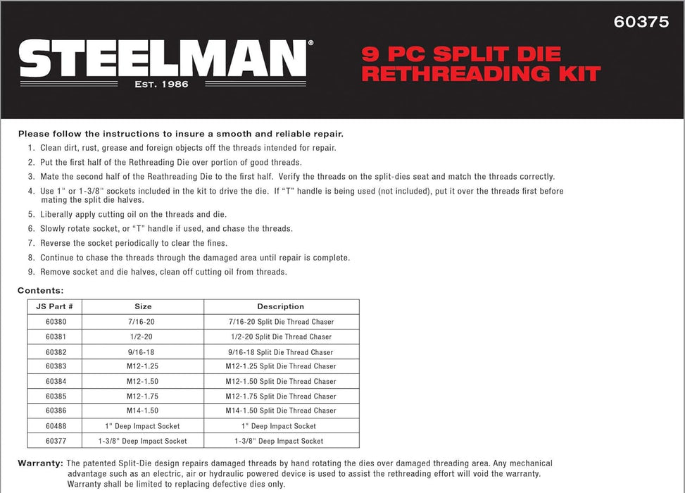 Steelman 60375 9-Piece Split Die Wheel Stud Repair/Rethreading Kit, Indexing Pins, Steel, Repairs Threads on Wheel Studs and Bolts, Two Sockets Included