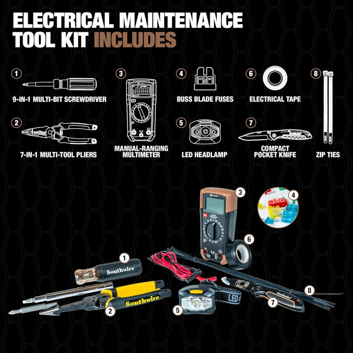Electrical Maintenance Tool Kit including Multi-Tool Pliers, Multimeter, Multi-Bit Screwdriver, Compact Pocket Knife, LED Headlamp, Buss Blade Fuses, Zip Ties, and Electrical Tape
