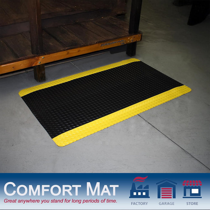 Vinyl Heavy Duty Diamond-Dek Sponge Industrial Anti-Fatigue Floor Mat, 3' x 5', Black with Yellow Border 3' x 5' Solid
