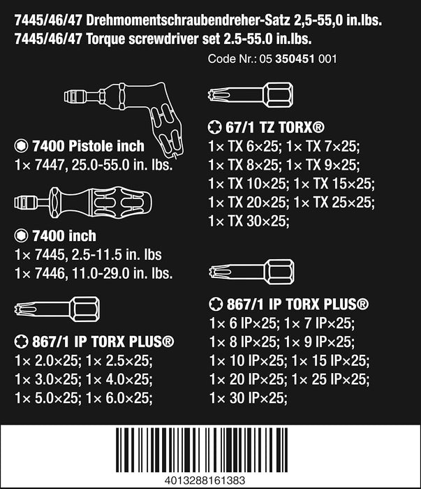 Wera Tools (05350451001) 7445/46/47 Kraftform Torque Screwdriver Set 2.5-55.0 in.lbs., 27 pieces
