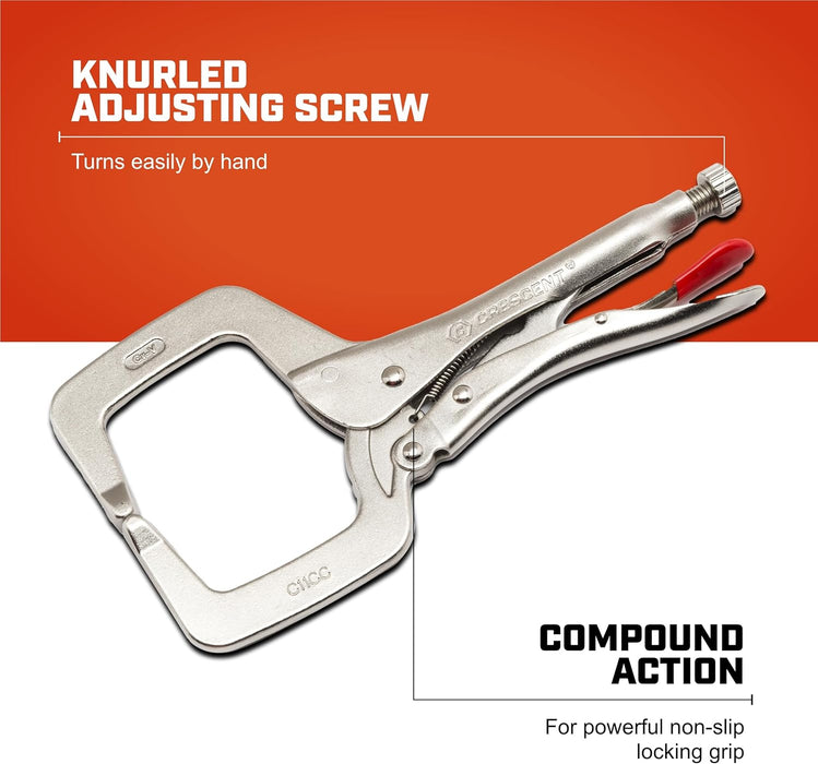 Crescent C18CCRN Locking C-Clamp with Swivel Pad Tips - Heavy-Duty Adjustable Clamp with Hex Key Recess & Compound Action