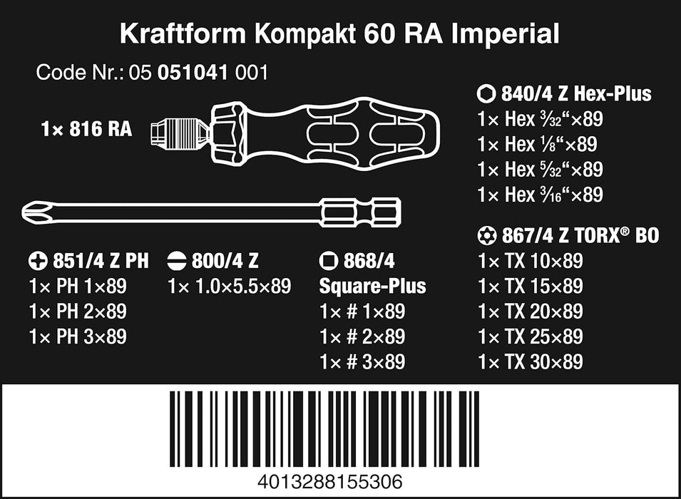 Wera - 5051041001 Kraftform Kompakt 60 RA Ratcheting Screwdriver Set, 17-Piece
