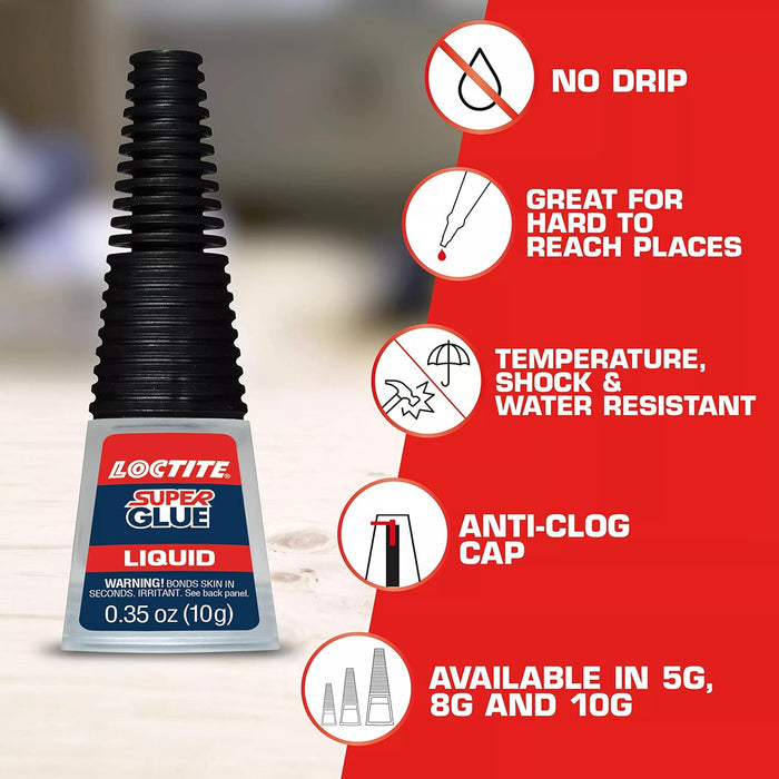 Loctite Super Glue Liquid Longneck Bottle, Clear, 0.35 fl oz Bottle - Superglue for Plastic, Wood, Metal, Crafts & Repair, Cyanoacrylate Adhesive Instant Glue, Quick Dry (Pack of 6)