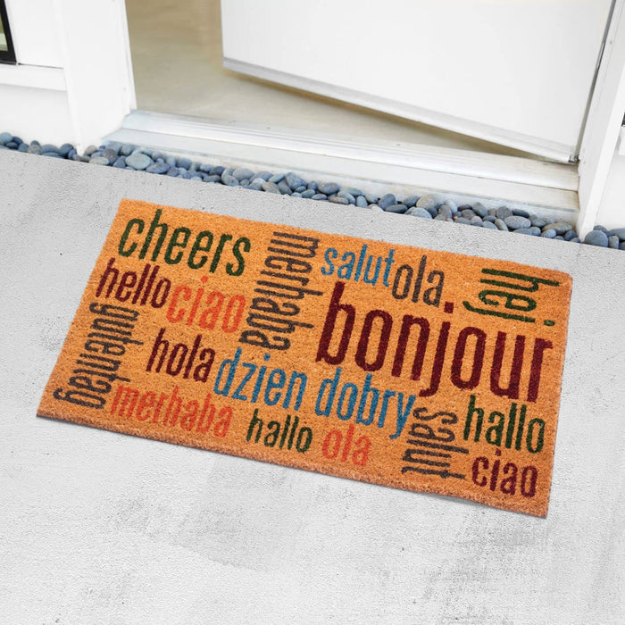 Notrax | C12S1830HW | Notrax Multi-Lingual Hello, Vinyl-Backed Natural Coir Doormat, Entry Mat for Indoor or Outdoor Use, 18"x30", C12 (C12S1830HW)