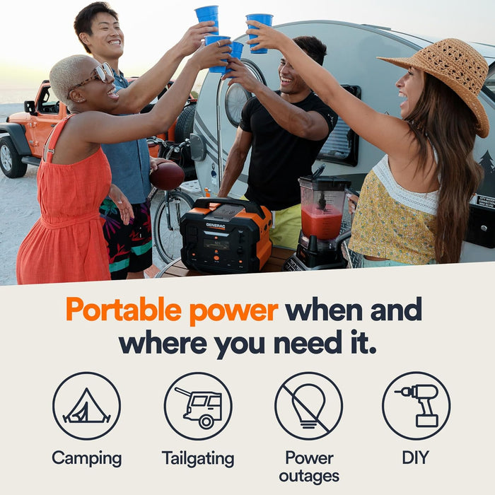 Generac (8025) GB1000 1086Wh Portable Power Station with Lithium-Ion Battery, Clean Emission-Free Power - Wireless Charging Pad and Compact Design, Camping, RV, Indoor/Outdoor Use, Orange/Black