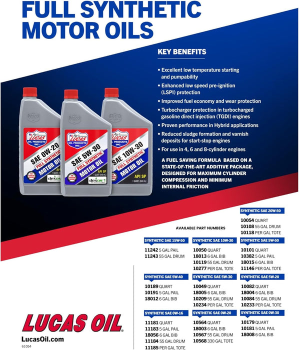 Lucas Oil 10050 Full Synthetic SAE 10W-30 Motor Oil, 1 Quart (Pack of 6)