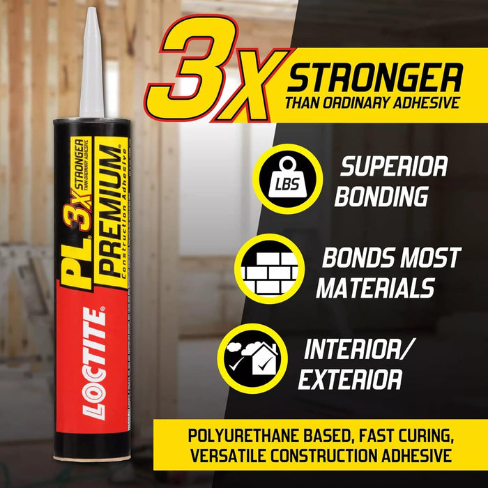 Loctite 1390595 PL Premium Polyurethane Construction Adhesive, 10 fl oz Cartridge, Versatile Construction Glue for Wood, Concrete, Stone, Metal & More (Pack of 12)