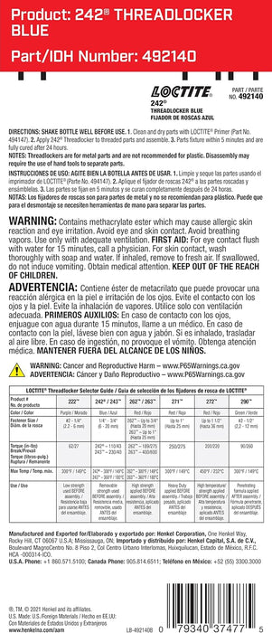 ‎Loctite | ‎492140 | LOCTITE 242 Threadlocker for Automotive: High-Temp, Medium-Strength, Anaerobic, All Purpose TYPICAL APPLICATIONS, Works on all Metals| Blue, 36 ml Bottle (PN: 37477 - 492140)